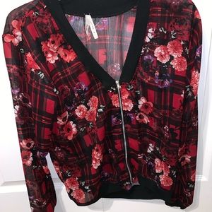 Floral flannel zip up jacket